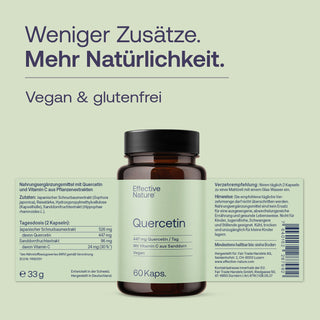 Effective Nature Quercetin Braunglasflasche 60 Kapseln, Etikett mit Vitamin C aus Sanddorn, vegan, 447 mg Quercetin täglich