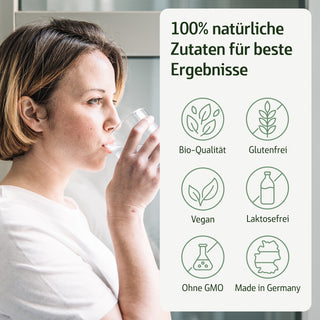 Frau trinkt Wasser, Infografik mit Siegeln: Bio-Qualität, Glutenfrei, Vegan, Laktosefrei, Ohne GMO, Made in Germany