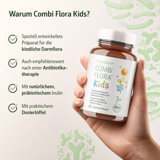 Combi Flora Kids Pulver 50g von Effective Nature – Infografik mit Bio-Siegel, Hand hält braune Glasflasche