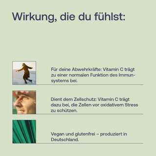 Infografik zu Vitamin C von Effective Nature mit Bildern einer Person, einem Mann und Pflanzen, Text auf hellgrünem...