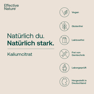 Effective Nature Kaliumcitrat Infografik mit Vegan-, Glutenfrei-, Laktosefrei- und Laborgeprüft-Siegel, hergestellt in...