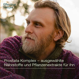 Mann mit Bart und Wollpullover, Effective Nature Prostata Komplex – Nährstoffe und Pflanzenextrakte für ihn