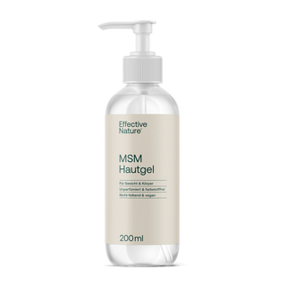 Effective Nature MSM Hautgel 200ml, transparente Pumpflasche, beiges Etikett, unparfümiert, farbstofffrei, vegan
