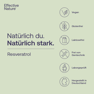 Effective Nature Resveratrol Infografik mit Siegeln: vegan, glutenfrei, laktosefrei, ohne Gentechnik, laborgeprüft, Made...