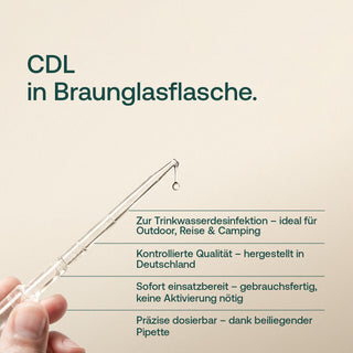 CDL Infografik mit Pipette und Wassertropfen, Text zur Trinkwasserdesinfektion, hergestellt in Deutschland