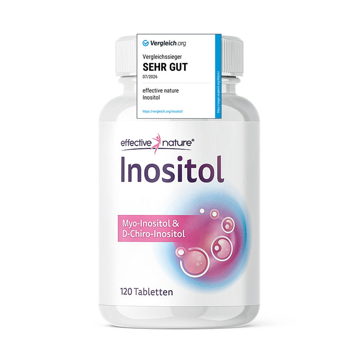 Effective Nature Inositol Tabletten, weiße Flasche mit rosa-blauem Design, Myo-Inositol & D-Chiro-Inositol, 120 Tabletten
