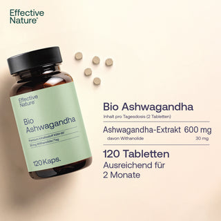 Effective Nature Bio Ashwagandha KSM-66, 120 Tabletten im Braunglasbehälter, mintgrünes Etikett, 600 mg Extrakt