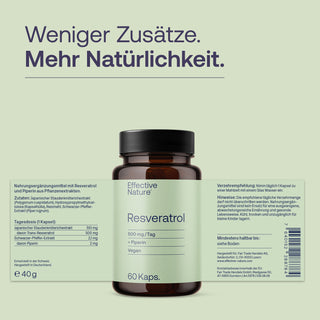 Effective Nature Resveratrol 500mg Kapseln, braunes Glasfläschchen mit grünem Etikett, 60 Kapseln, vegan