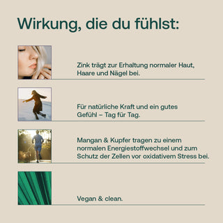 Infografik mit Text und Fotos zu Zink, Mangan und Kupfer – vegan & clean