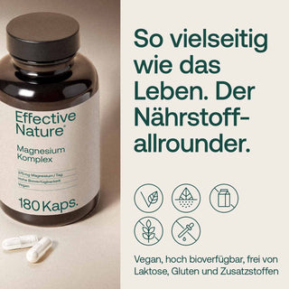 Effective Nature Magnesium Komplex, 180 Kapseln, braune Glasflasche mit Etikett, Infografik mit Vegan- und Glutenfrei-Siegeln