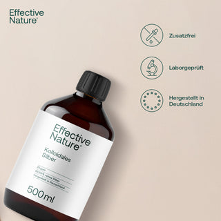 Effective Nature Kolloidales Silber 500ml Braunglasflasche, 25ppm, Infografik mit Siegeln: zusatzfrei, laborgeprüft, Made...
