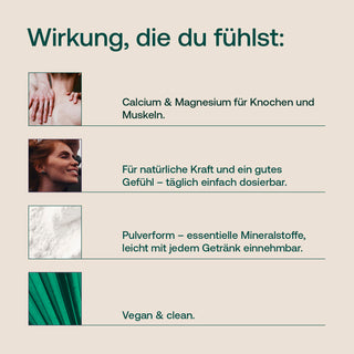 Infografik zu Calcium & Magnesium Pulver von Effective Nature – vegan & clean, mit Fotos von Person und Pulver