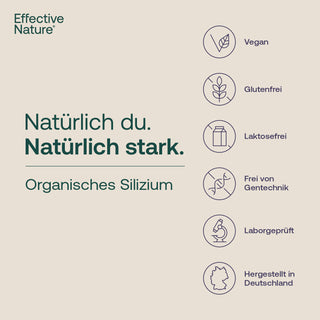 Infografik Effective Nature Organisches Silizium – Siegel: vegan, glutenfrei, laktosefrei, gentechnikfrei, laborgeprüft,...