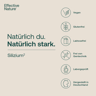 Effective Nature Silizium Infografik mit Siegeln: vegan, glutenfrei, laktosefrei, gentechnikfrei, laborgeprüft,...