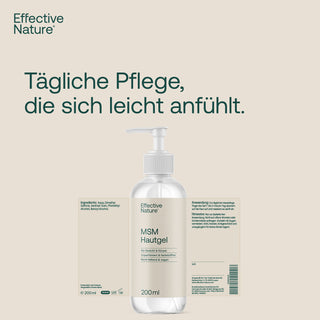 Effective Nature MSM Hautgel 200 ml, transparente Pumpflasche, weißes Etikett, Aufschrift unparfümiert, vegan