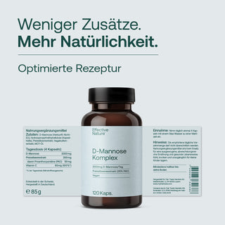 Effective Nature D-Mannose Komplex, braune Glasflasche 120 Kapseln, Etikett mit 2000mg D-Mannose, Preiselbeere