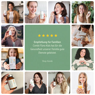 Collage lächelnder Frauen und Mädchen mit Combi Flora Kids und Combi Flora Flohsamen Produkten, 5-Sterne-Kundenbewertung