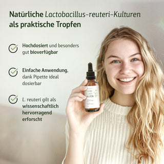 Lächelnde Frau hält braune Tropfflasche Combi Flora Reuteri mit Pipette, Infografik mit Text auf hellem Hintergrund