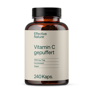 Effective Nature Vitamin C gepuffert, 240 Kapseln, braunes Glasfläschchen, beiges Etikett, 1000 mg, vegan