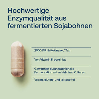 Nattokinase Kapsel auf hellgrünem Hintergrund, Infografik mit Hinweisen zu 2000 FU, vegan, glutenfrei