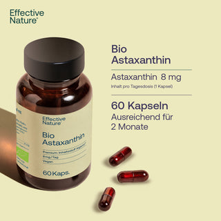 Effective Nature Bio Astaxanthin 60 Kapseln, 8 mg, braune Glasflasche mit roten Kapseln, Bio-Siegel, vegan