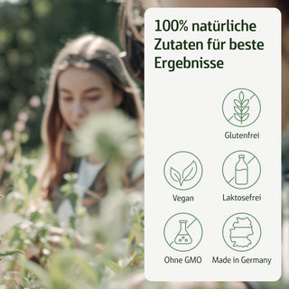 Infografik mit Frau in Blumenwiese: Siegel Glutenfrei, Vegan, Laktosefrei, Ohne GMO, Made in Germany