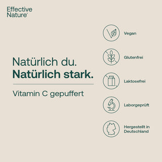 Infografik Effective Nature Vitamin C gepuffert mit Siegeln: Vegan, Glutenfrei, Laktosefrei, Laborgeprüft, Hergestellt in...