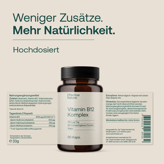 Effective Nature Vitamin B12 Komplex, 90 Kapseln, braunes Glasflakon, Etikett mit Zutaten und Nährwertangaben, vegan