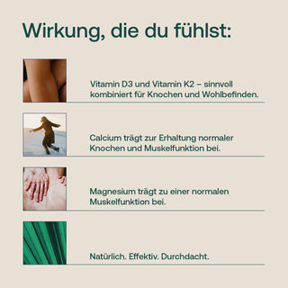 Infografik mit Text und Fotos zu Vitamin D3, K2, Calcium und Magnesium auf beigem Hintergrund