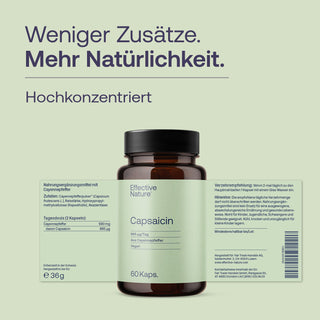 Effective Nature Capsaicin Kapseln, Braunglasflasche 60 Kaps., Etikett mit Cayennepfeffer 885 µg, vegan, hellgrüner...