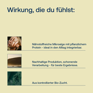 Infografik mit Texten zu Mikroalge und Bio-Zucht, drei Bilder: Frau, Meeresküste, Pflanze, hellbeiger Hintergrund