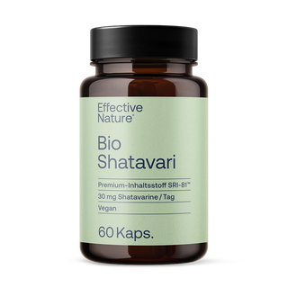 Effective Nature Bio Shatavari Kapseln, braunes Glasfläschchen, mintgrünes Etikett, 60 Kaps., vegan, 30mg