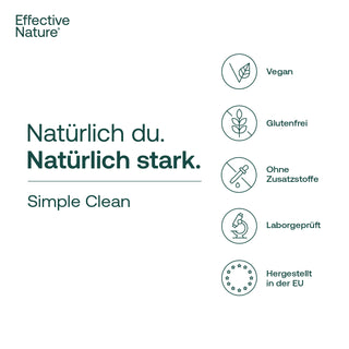 Effective Nature Infografik mit Vegan-, Glutenfrei-, Laborgeprüft- und EU-Herstellung-Siegel, Simple Clean
