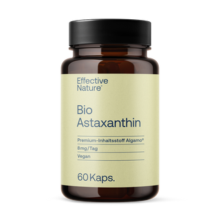 Effective Nature Bio Astaxanthin, braunes Glasfläschchen, hellgrünes Etikett, 8 mg, vegan, 60 Kapseln