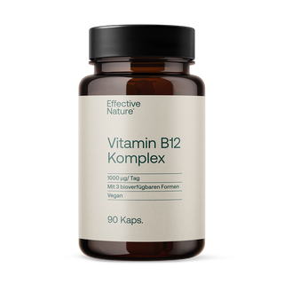 Effective Nature Vitamin B12 Komplex, braune Glasflasche, 90 Kapseln, 1000 µg/Tag, vegan, weißes Etikett