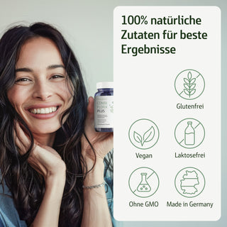 Combi Flora Plus Kapseln – lächelnde Frau hält blaues Glas, Infografik mit Siegeln: glutenfrei, vegan, laktosefrei, ohne...