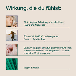 Infografik zu Zink, Calcium und Magnesium mit Bildern einer Frau, Person in Bewegung, Händen und grünem Blatt