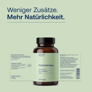 Effective Nature Nattokinase 120 Kapseln, braune Glasflasche, grünes Etikett, 2000 FU, vegan, aus Fermentation