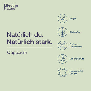 Effective Nature Capsaicin Infografik mit Vegan-, Glutenfrei-, Gentechnikfrei- und Laborgeprüft-Siegel, hergestellt in der EU