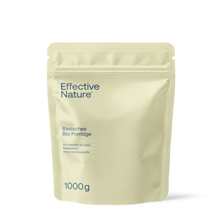 Effective Nature Basisches Bio Porridge 1000g, cremefarbene Standbodenbeutel-Verpackung mit blauer Schrift