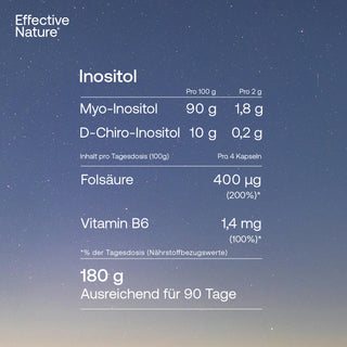 Effective Nature Inositol Nährwerttabelle mit Myo-Inositol, D-Chiro-Inositol, Folsäure und Vitamin B6 vor Sternenhimmel