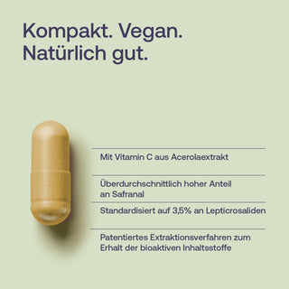 Vegane Kapsel in Goldbraun mit Text: Vitamin C aus Acerolaextrakt, Safranal, Lepticrosaliden, patentiertes...