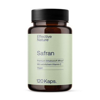 Effective Nature Safran Kapseln, braunes Glasfläschchen, hellgrünes Etikett, 120 Kaps., Affron®, Vitamin C, vegan