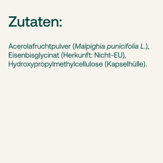 Zutaten-Liste Eisen Kapseln: Acerola, Eisenbisglycinat, HPMC – helles Design, grüne Schrift
