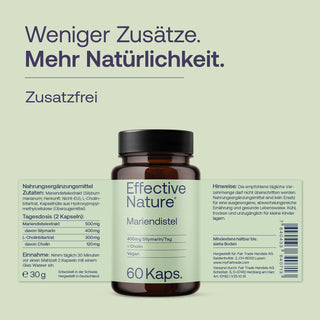 Effective Nature Mariendistel 60 Kapseln, braunes Glasfläschchen, 400mg Silymarin, Vegan, grüner Hintergrund