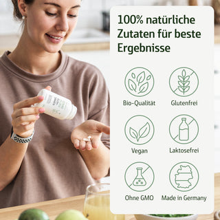 Frau hält Combi Flora Samen Kapsel-Flasche in Küche, Infografik mit Bio, glutenfrei, vegan, laktosefrei, ohne GMO, Made...