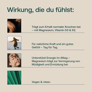 Infografik zu Effective Nature Magnesium Vitamin D3 K2 mit Text und vier Bildmotiven, vegan & clean
