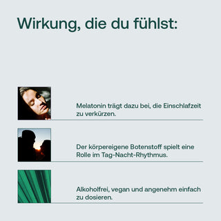 Infografik zu Melatonin mit drei Bildmotiven: schlafende Person, Silhouette bei Sonnenuntergang, gruenes Blatt