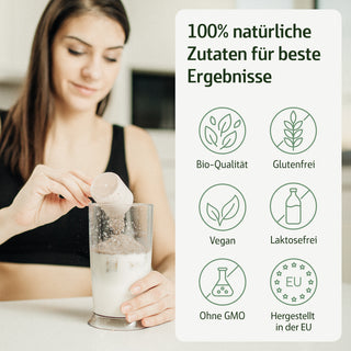 Frau gibt Pulver in Glas mit Milch, Infografik: Bio, glutenfrei, vegan, laktosefrei, ohne GMO, EU-Herstellung