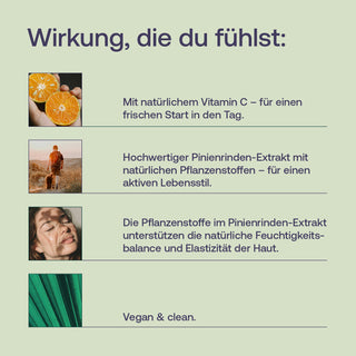 Infografik mit Fotos von Orangen, Natur, Frau und Pflanze sowie Text zu Pinienrinden-Extrakt, Vitamin C, vegan & clean